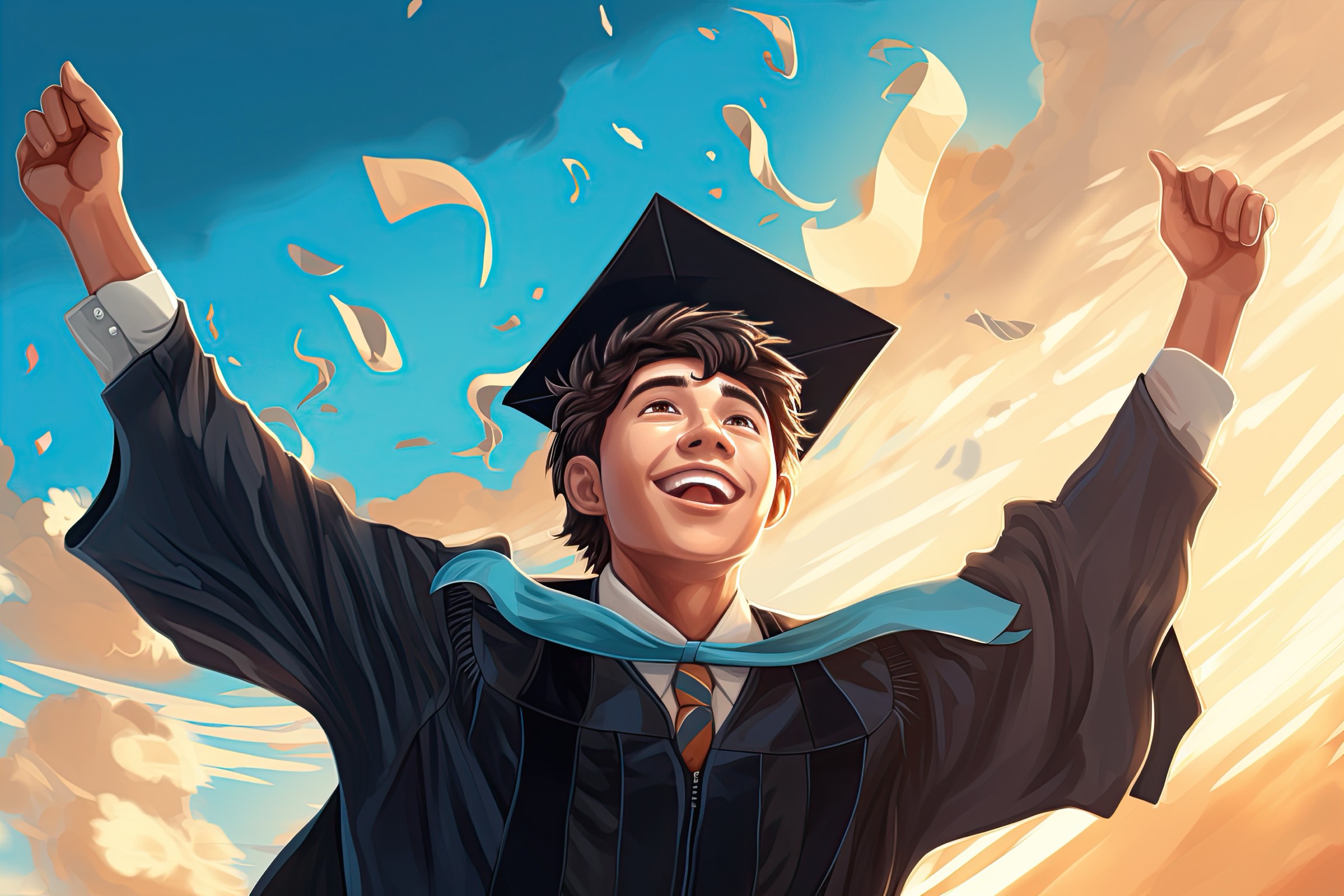 A graduate in cap and gown throwing both arms up in celebration.