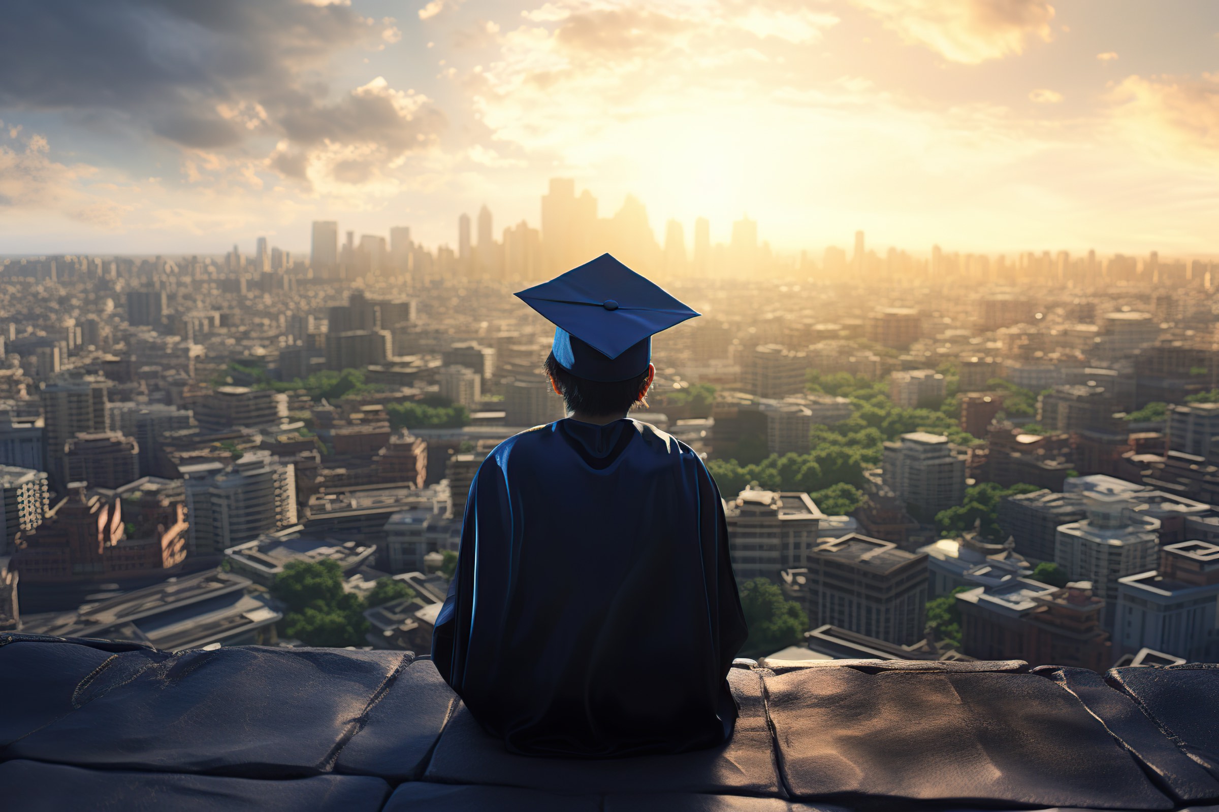A graduate sitting on a rooftop at sunrise, looking out over a city.