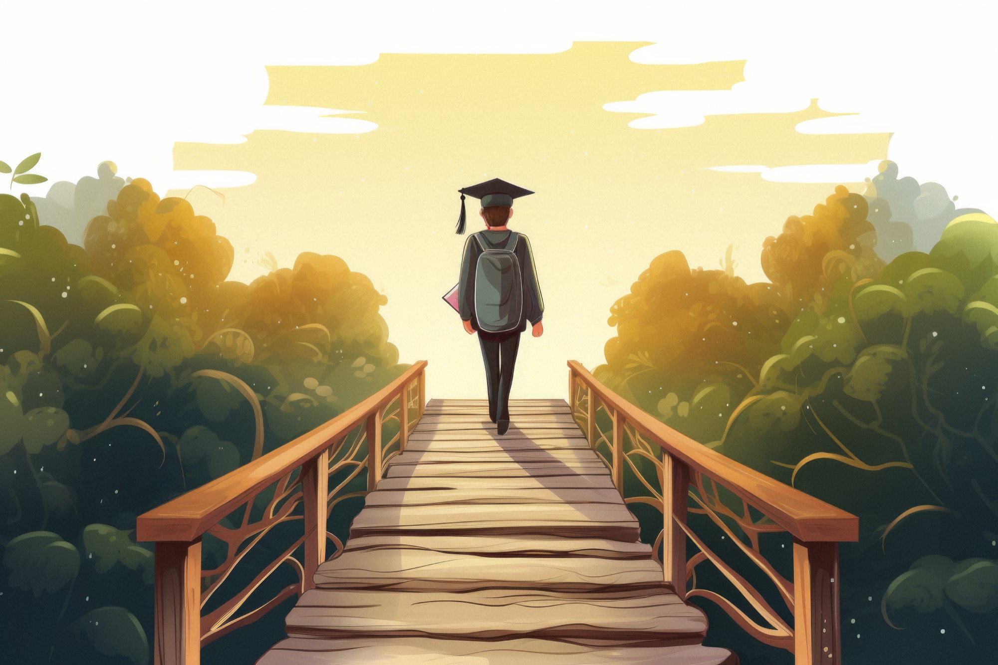 An illustrated graduate walking across a wooden bridge towards a bright sky.
