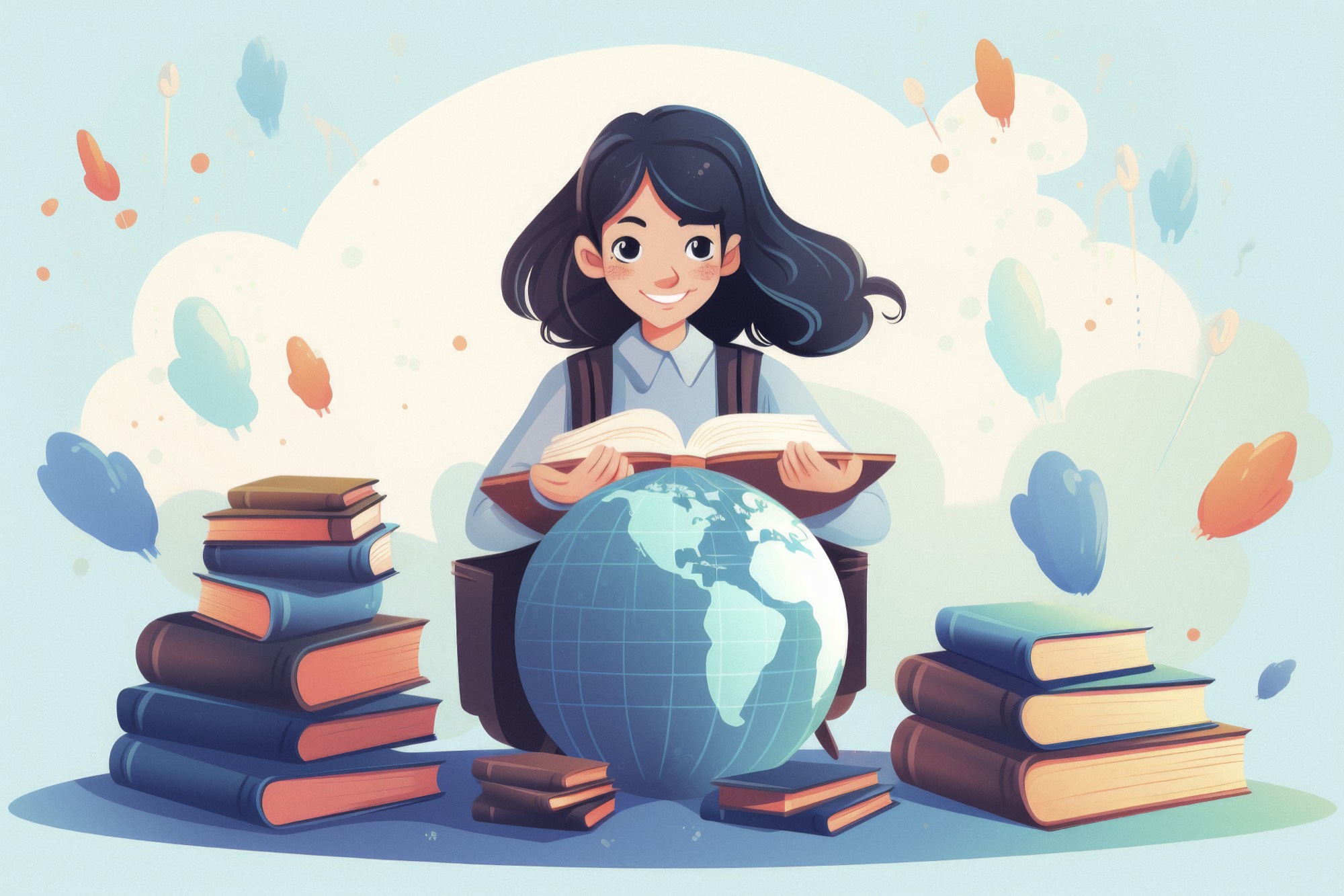 An illustrated girl reading a book behind a globe, with stacks of books on either side.